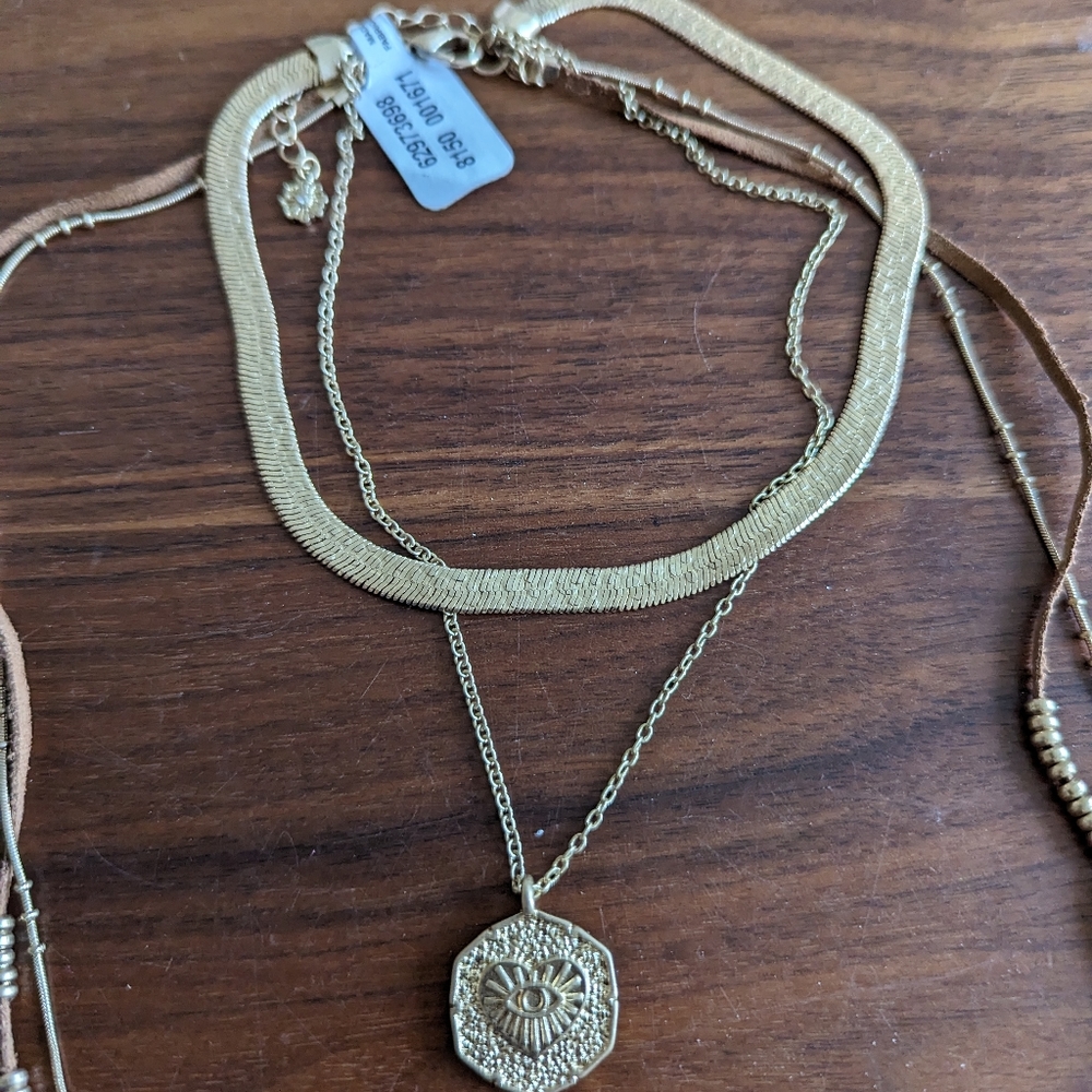FREE PEOPLE Wagon Wheel Layered Necklace new with tags gold & brown 🟤 - Picture 2 of 7